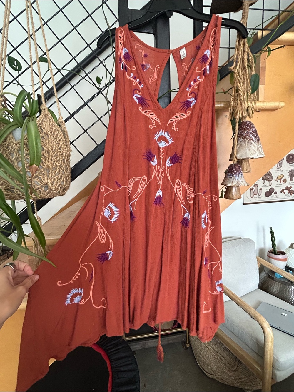 Free People Rust Orange Embroidered Midi Dress
